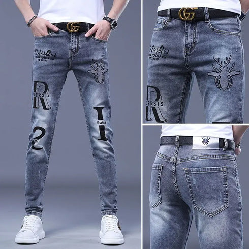 Slim Fit Korean Streetwear Graphical Printed Luxury Hip-Hop Stretch Denim Jeans for Men - Perfect Medium Wash Jeans Outfit